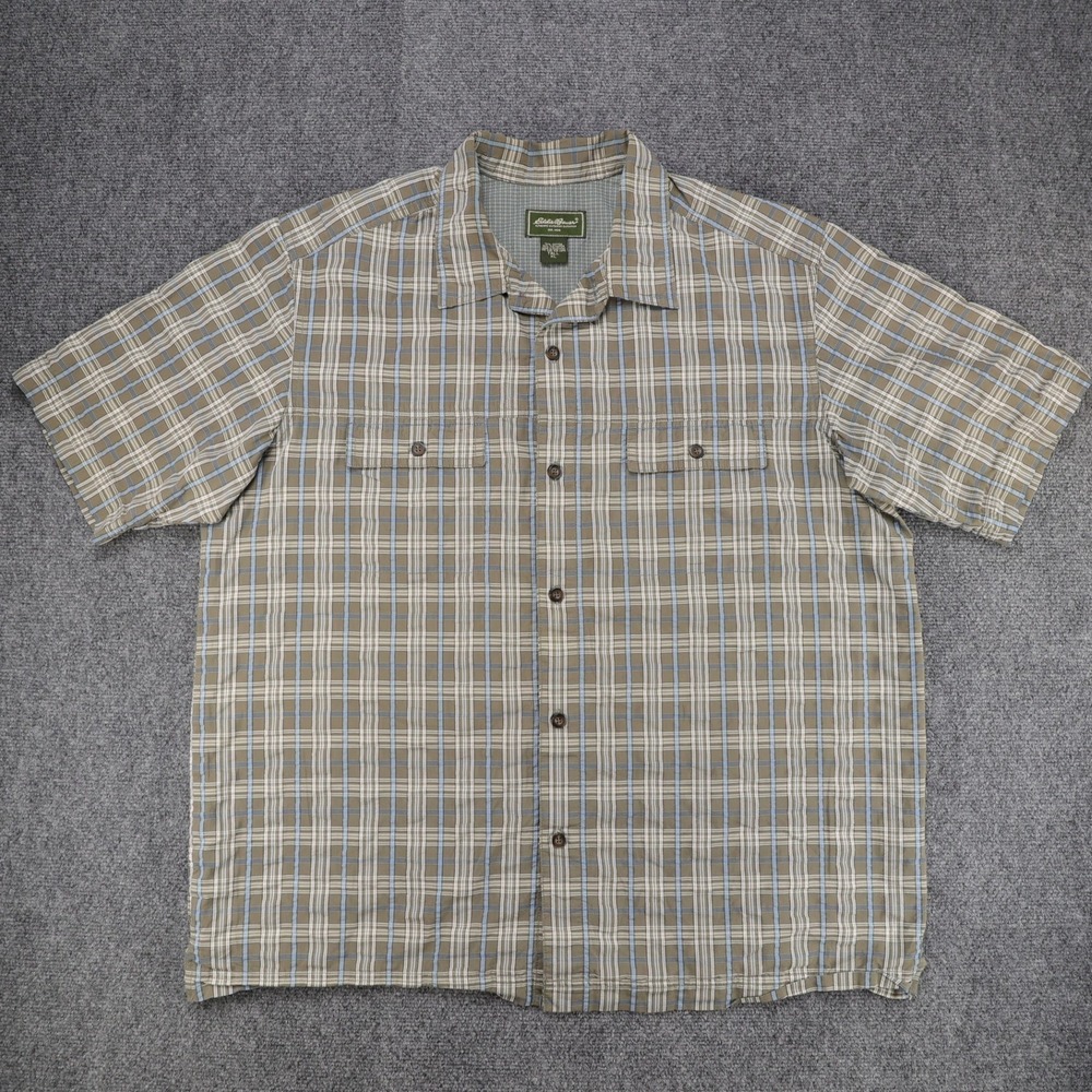 Eddie Bauer Mens Tall XL Short Sleeve Plaid Button Up Shirt Khaki Blue Hong Kong